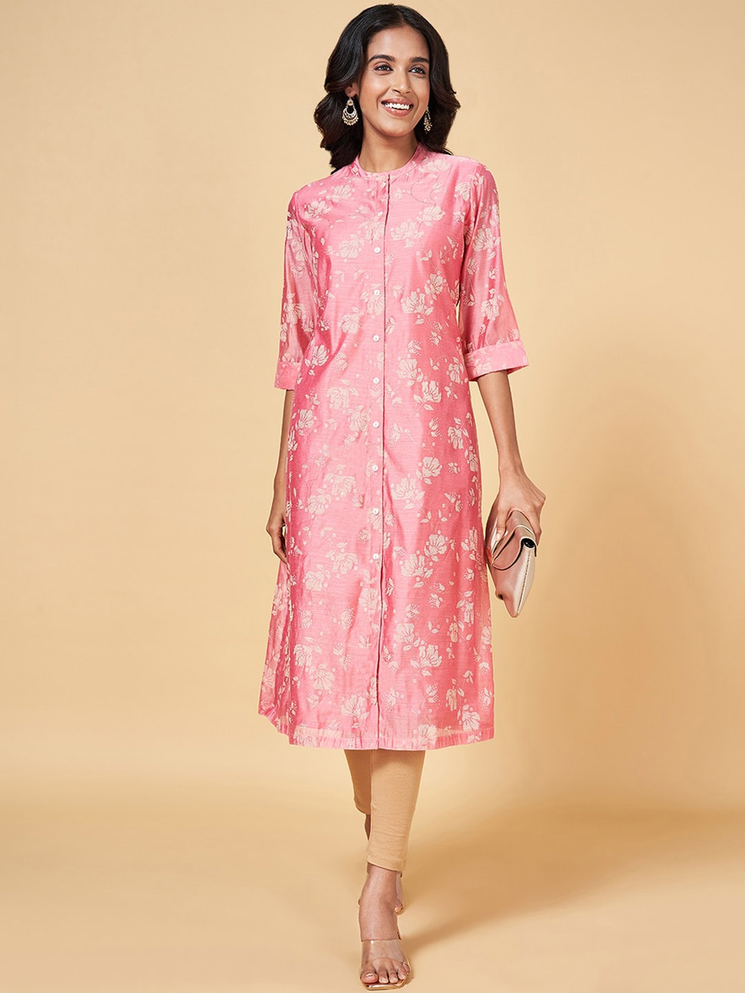 

RANGMANCH BY PANTALOONS Mandarin Collar Floral Woven Design Chanderi Cotton Kurta, Pink