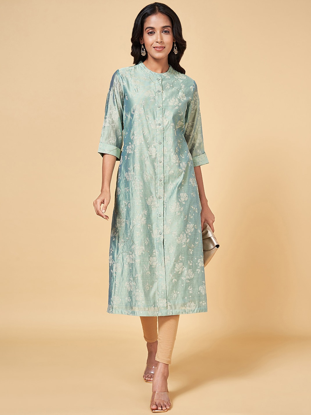 

RANGMANCH BY PANTALOONS Mandarin Collar Floral Printed A-Line Chanderi Cotton Kurta, Green