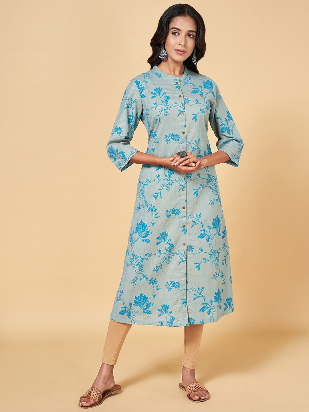 

RANGMANCH BY PANTALOONS Mandarin Collar Floral Printed Straight Kurta, Blue