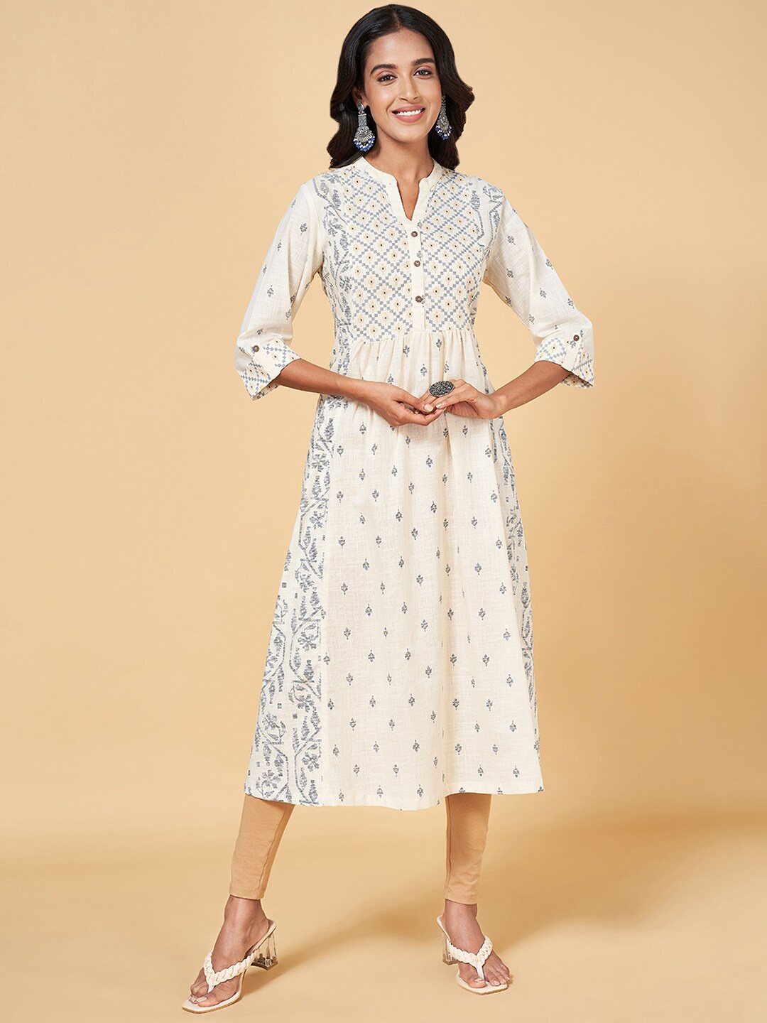 

RANGMANCH BY PANTALOONS Ethnic Motifs Printed A-Line Pure Cotton Kurta, Beige