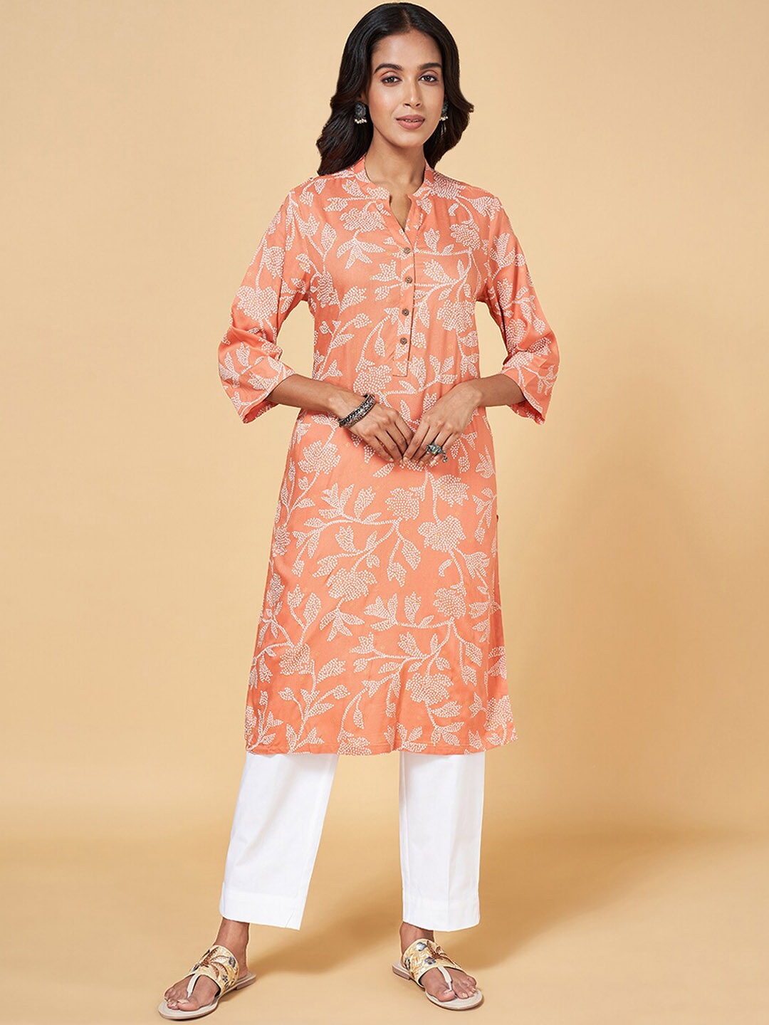 

RANGMANCH BY PANTALOONS Floral Printed Straight Kurta, Peach