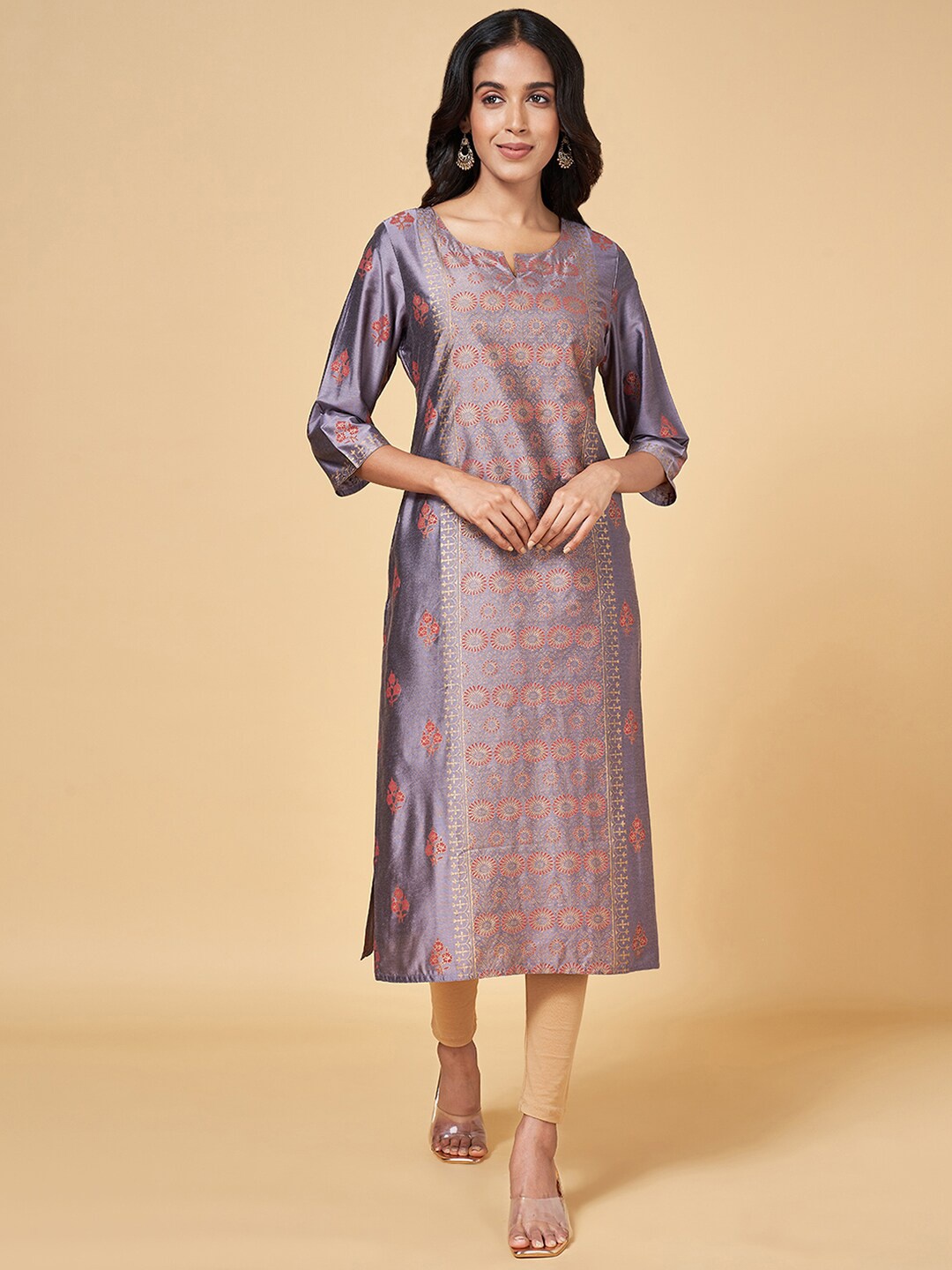 

RANGMANCH BY PANTALOONS Floral Printed Notched Neck Kurta, Purple