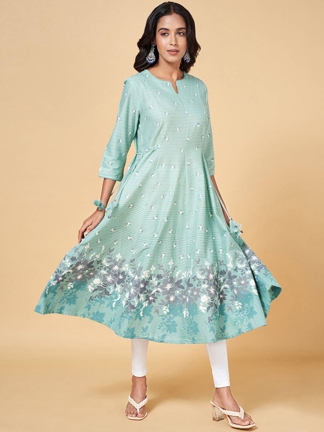 RANGMANCH BY PANTALOONS Floral Printed Anarkali Kurta, Teal