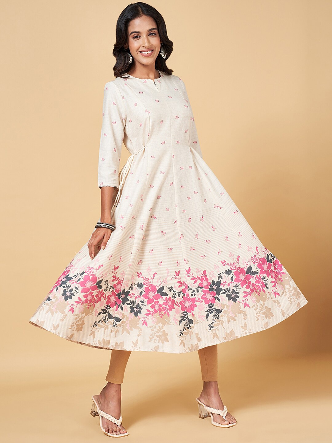 

RANGMANCH BY PANTALOONS Floral Printed Notched Neck Anarkali Pure Cotton Kurta, Off white