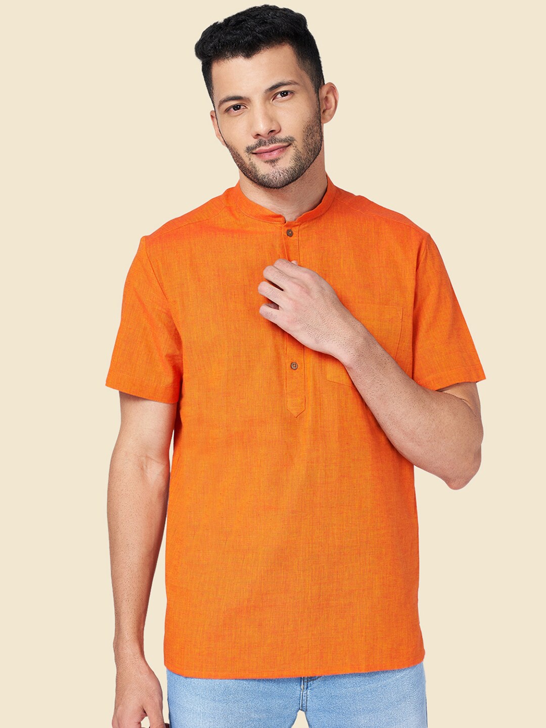 

YU by Pantaloons Band Collar Cotton Short Kurta, Orange