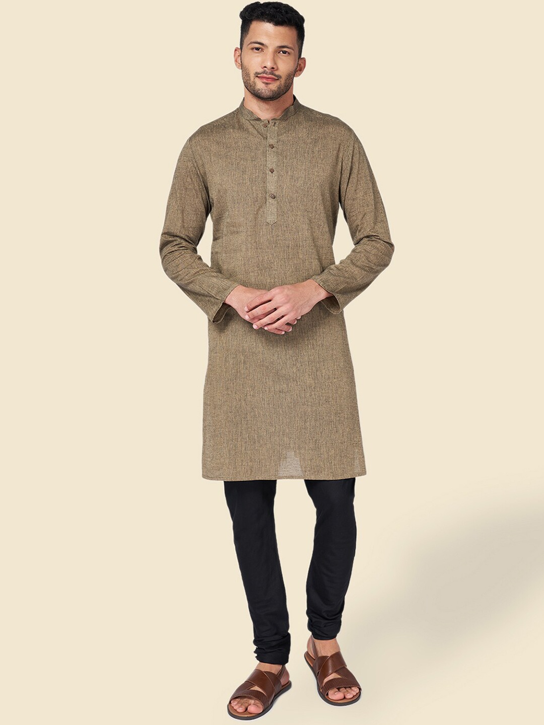 

YU by Pantaloons Woven Design Mandarin Collar Cotton Straight Kurta, Grey