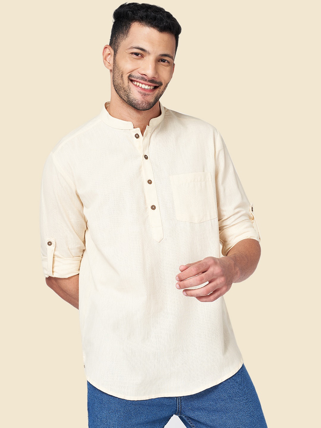 

YU by Pantaloons Roll-Up Sleeves Mandarin Collar Short Kurta, Off white