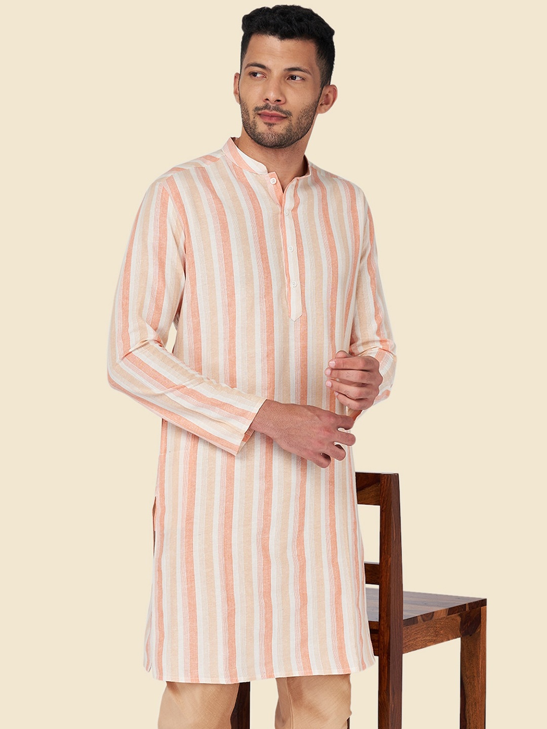 

YU by Pantaloons Striped Mandarin Collar Straight Kurta, Orange