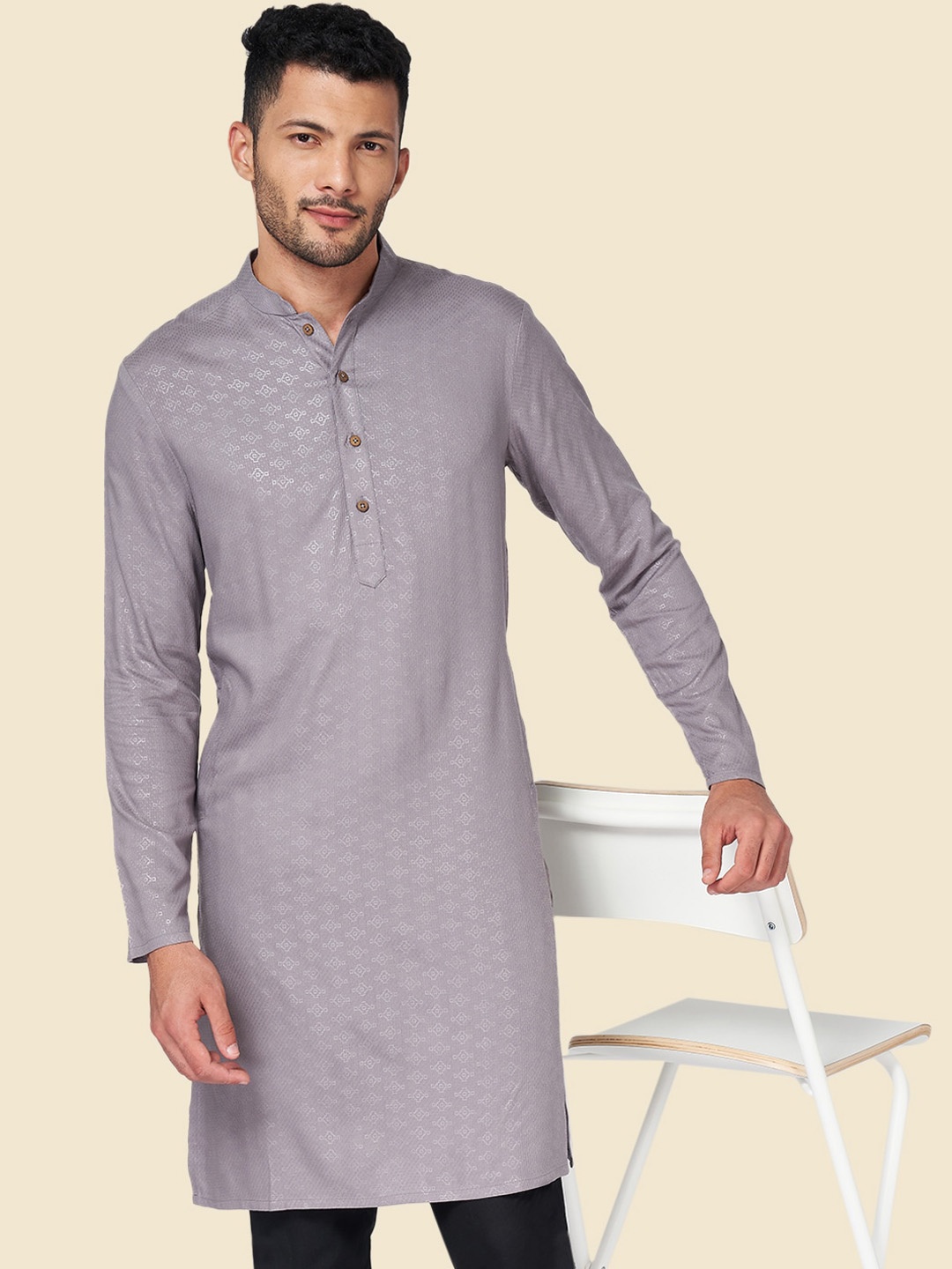

YU by Pantaloons Geometric Woven Design Mandarin Collar Straight Kurta, Grey