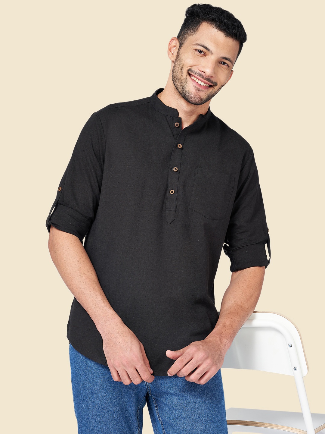 

YU by Pantaloons Mandarin Collar Short Kurta, Black