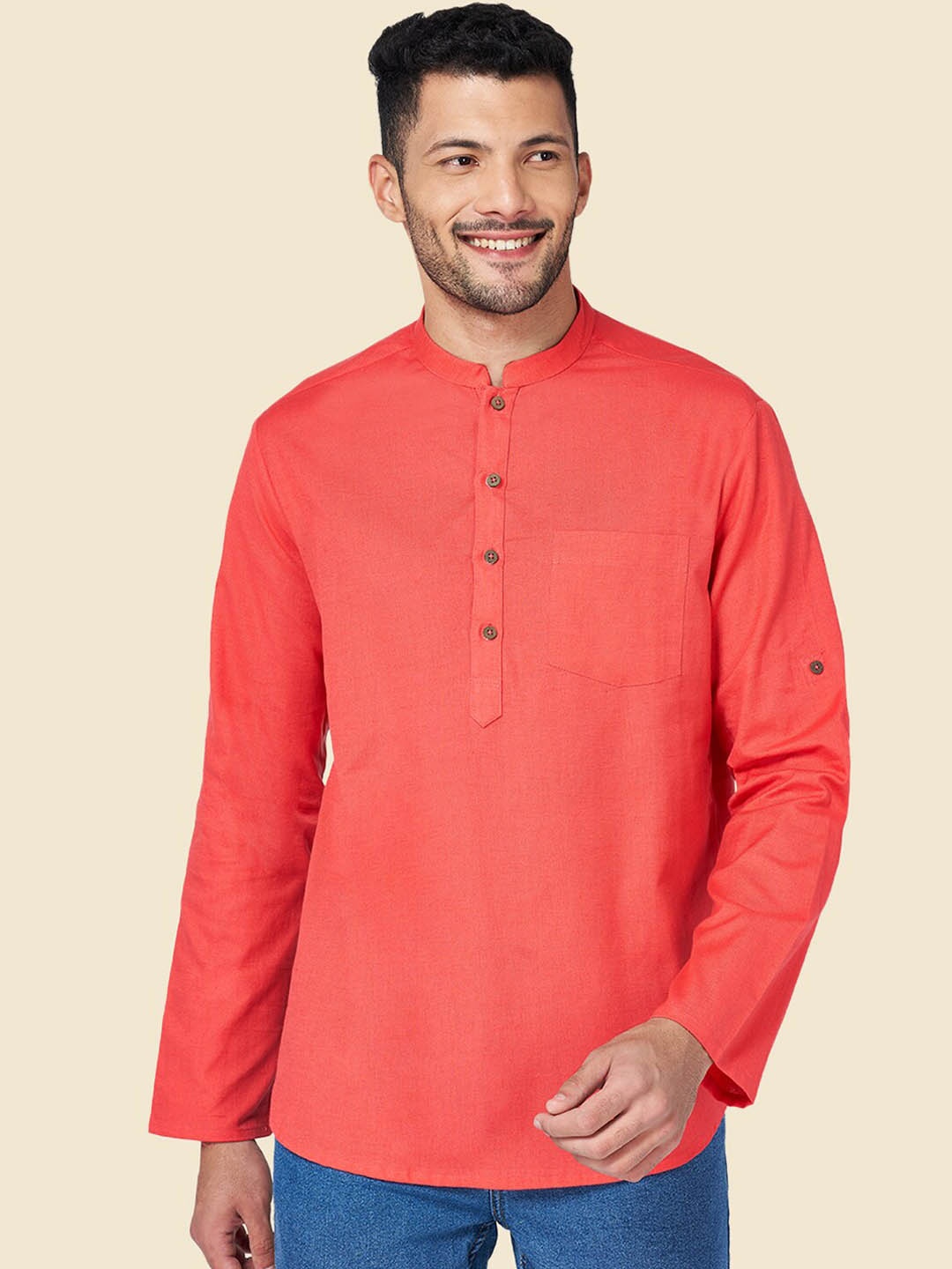 

YU by Pantaloons Mandarin Collar Short Kurta, Coral