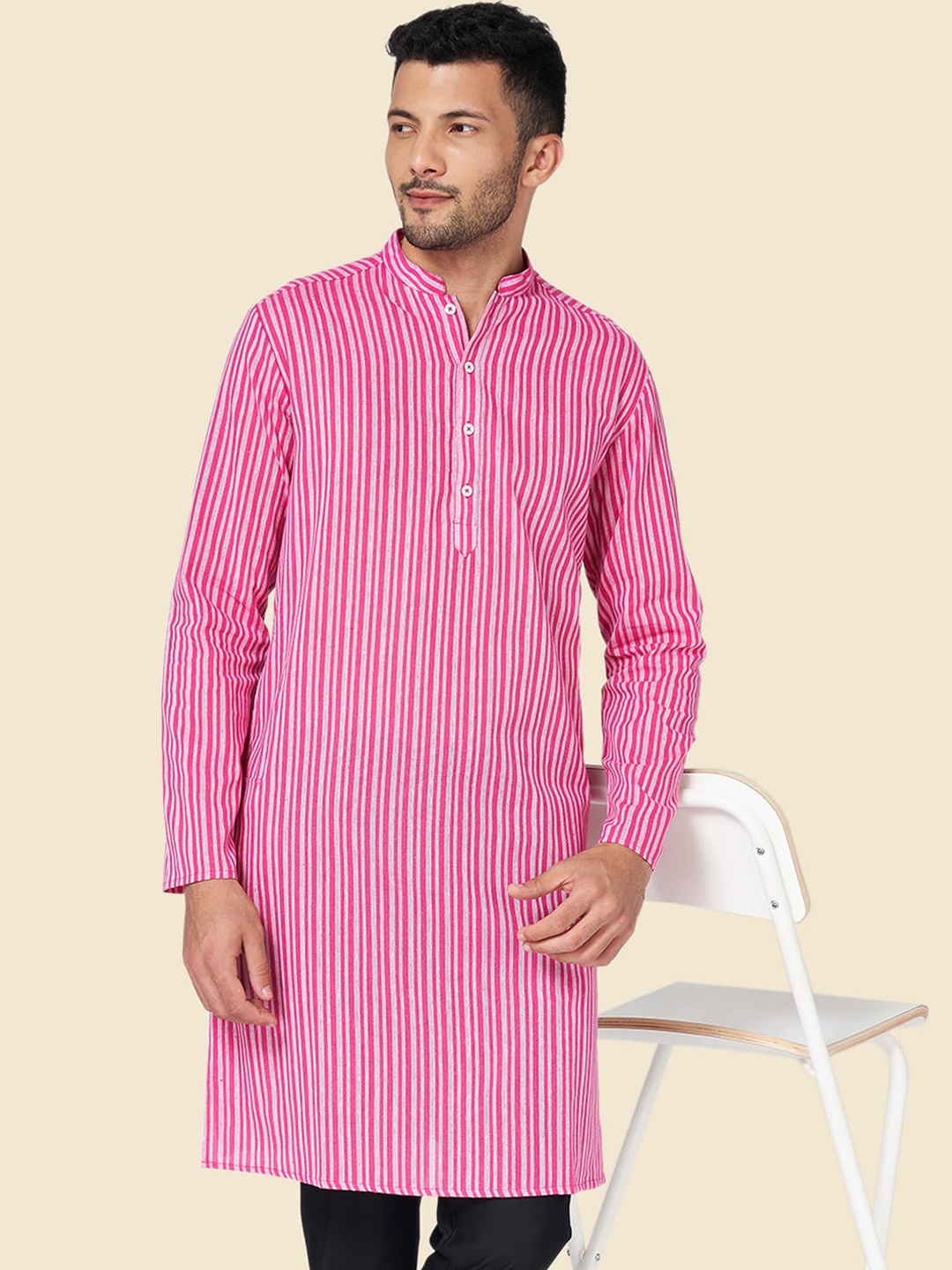 

YU by Pantaloons Striped Mandarin Collar Cotton Kurta, Pink