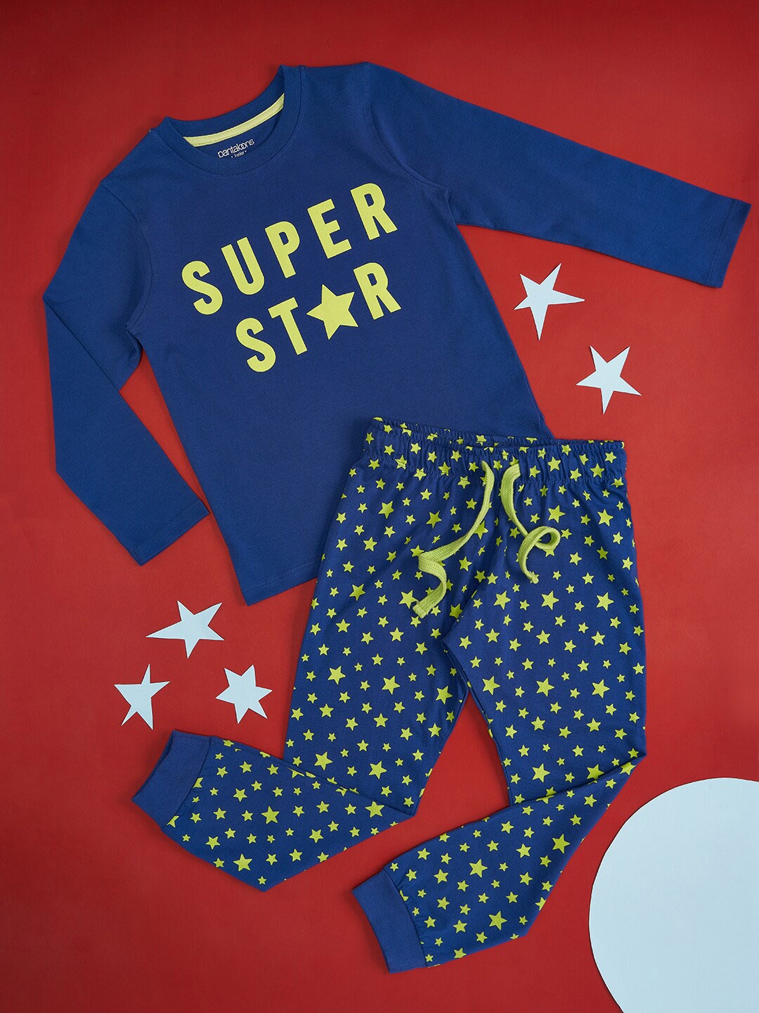

Pantaloons Junior Boys Typography Printed Pure Cotton Night Suit, Navy blue