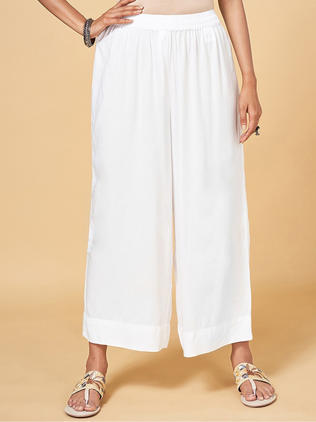 

RANGMANCH BY PANTALOONS Women Flared Ethnic Palazzos, White