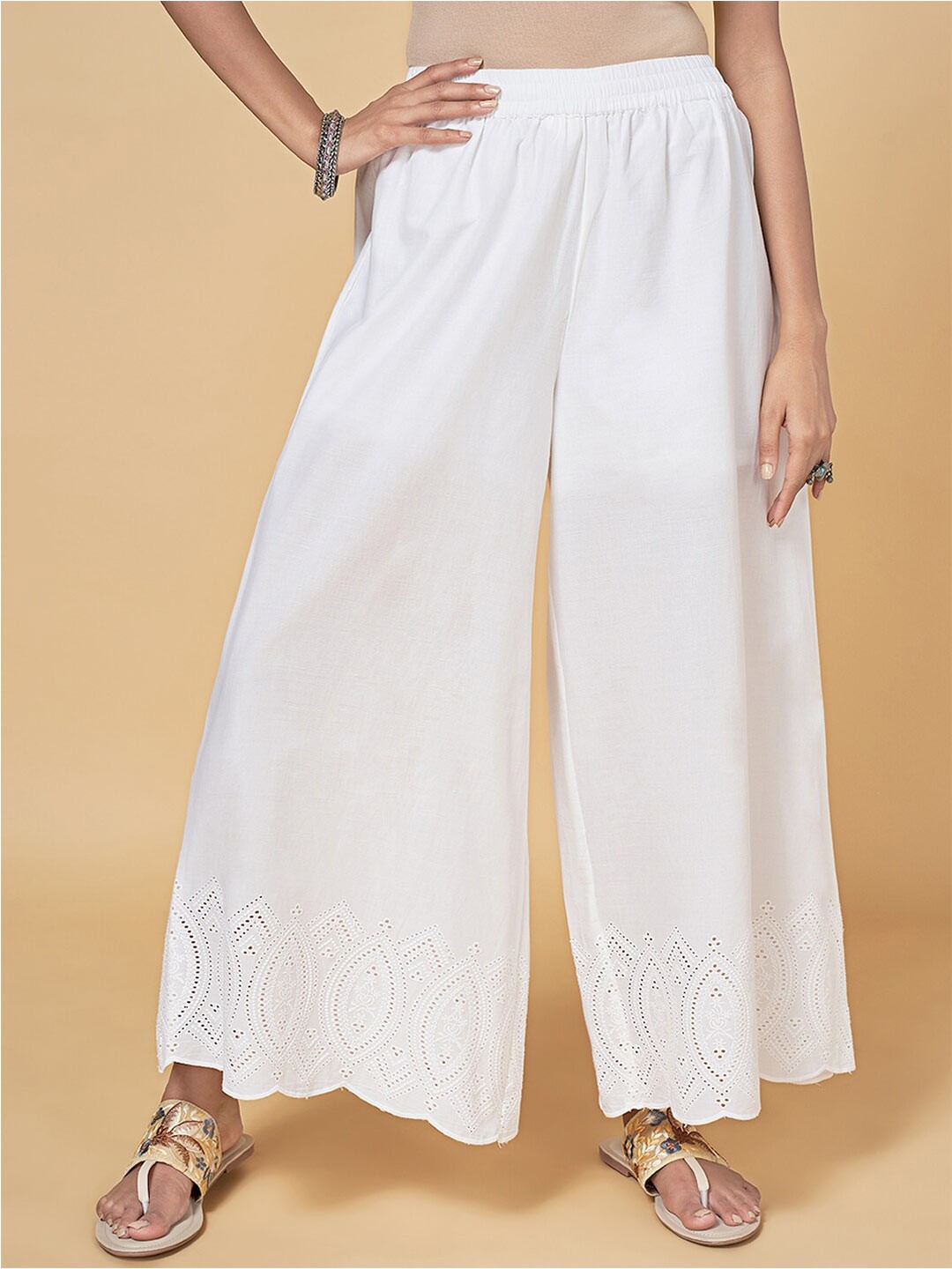 RANGMANCH BY PANTALOONS Women Floral Hem Design Flared Cotton Ethnic Palazzos, White