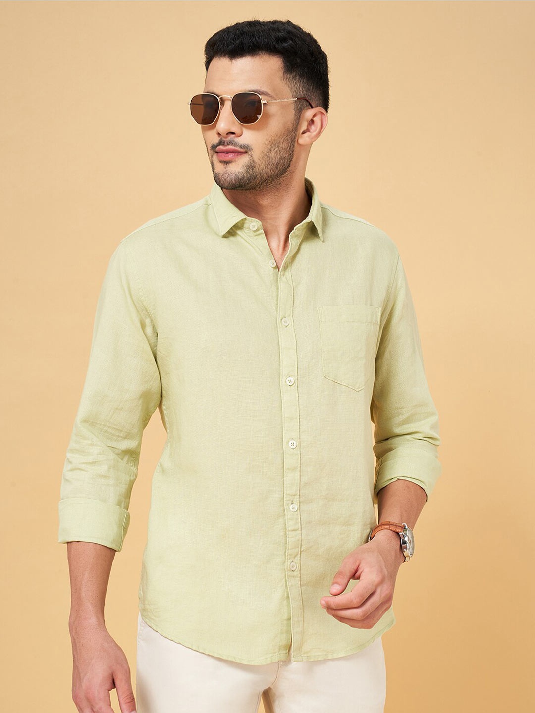 

BYFORD by Pantaloons Slim Fit Spread Collar Linen Cotton Casual Shirt, Yellow