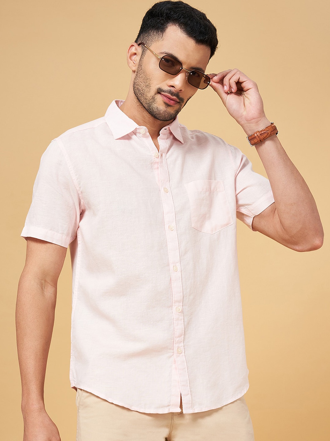 

BYFORD by Pantaloons Slim Fit Spread Collar Linen Cotton Casual Shirt, Pink