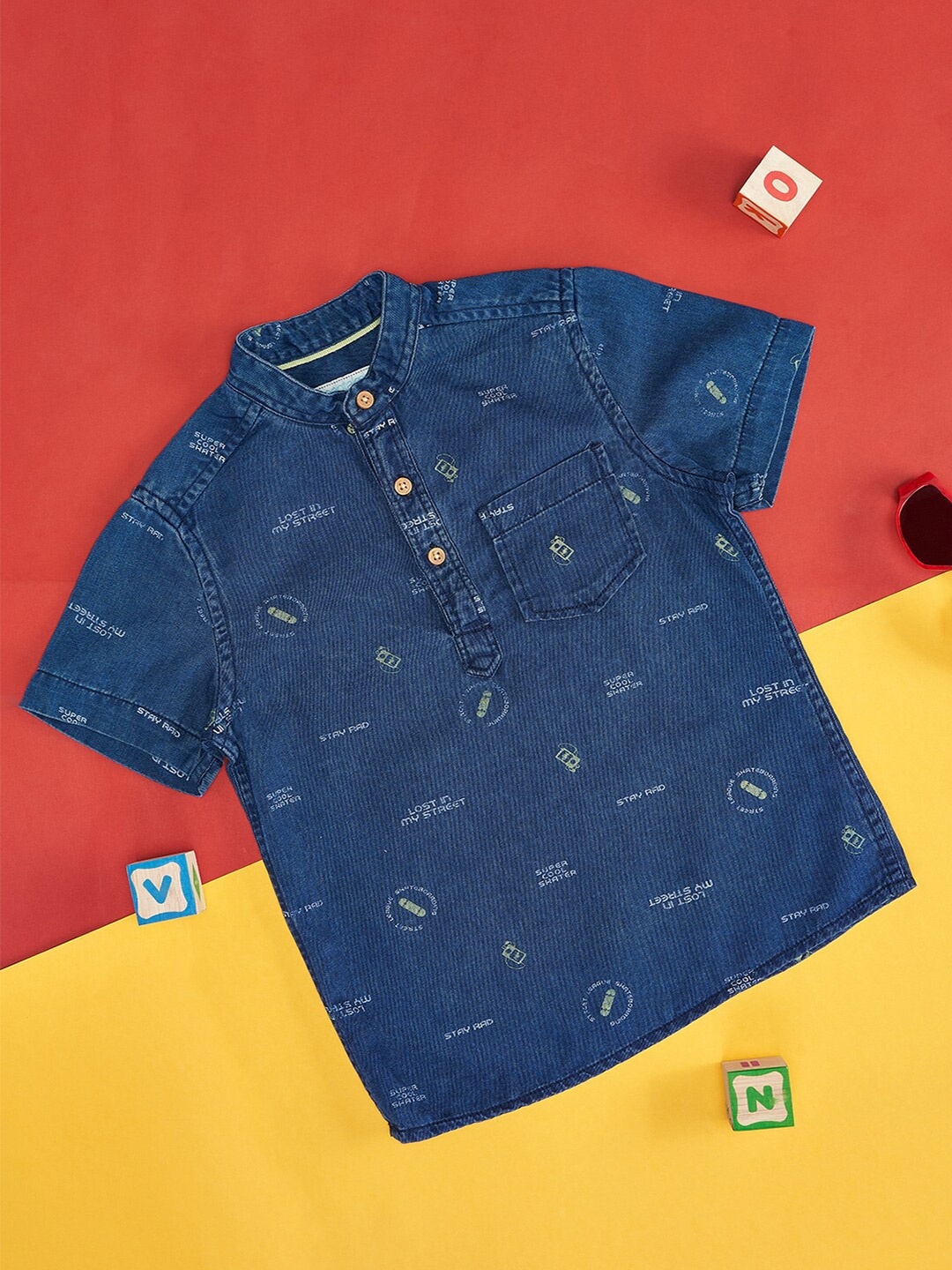 

Pantaloons Junior Boys Typography Printed Mandarin Collar Cotton Casual Shirt, Blue