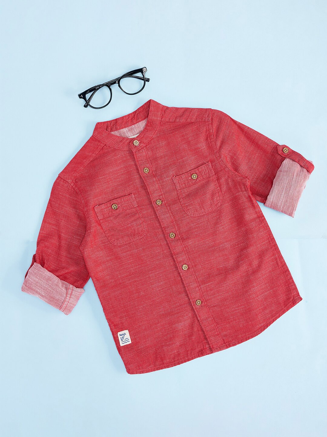 Pantaloons Junior Boys Mandarin Collar Roll-Up Sleeves Cotton Casual Shirt, Rust