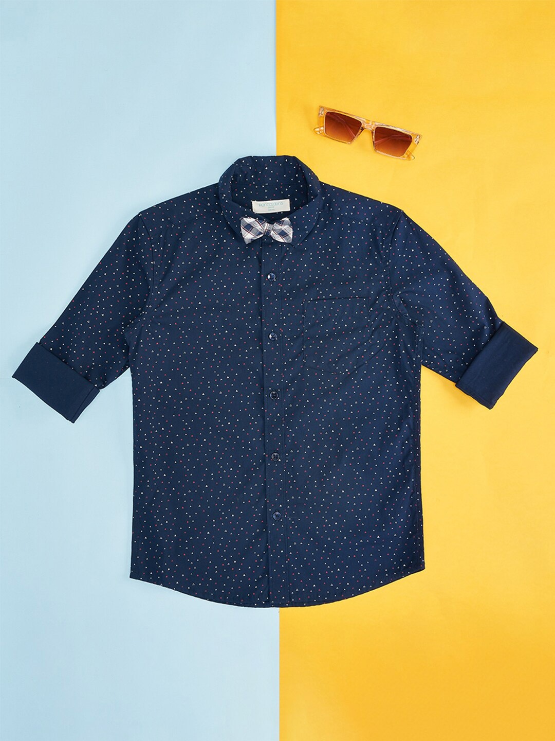 

Pantaloons Junior Boys Micro Ditsy Printed Cotton Party Shirt With Bow, Navy blue