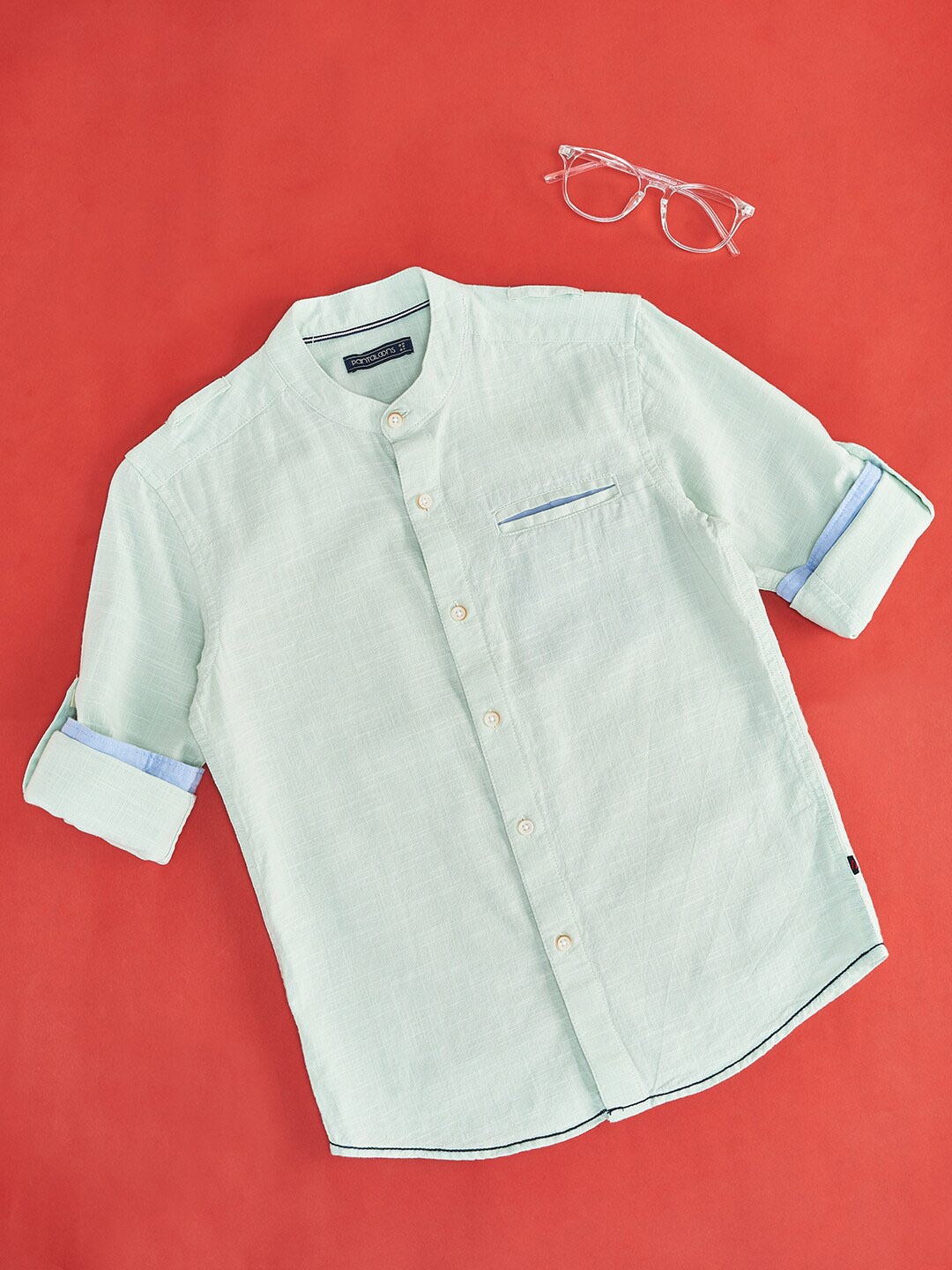 

Pantaloons Junior Boys Mandarin Collar Roll-Up Sleeves Cotton Linen Casual Shirt, Green