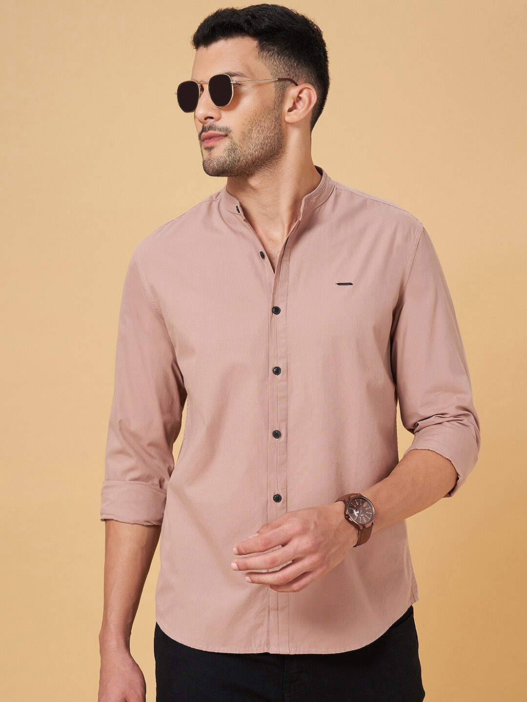 

People Dusty Pink Slim Fit Mandarin Collar Cotton Casual Shirt