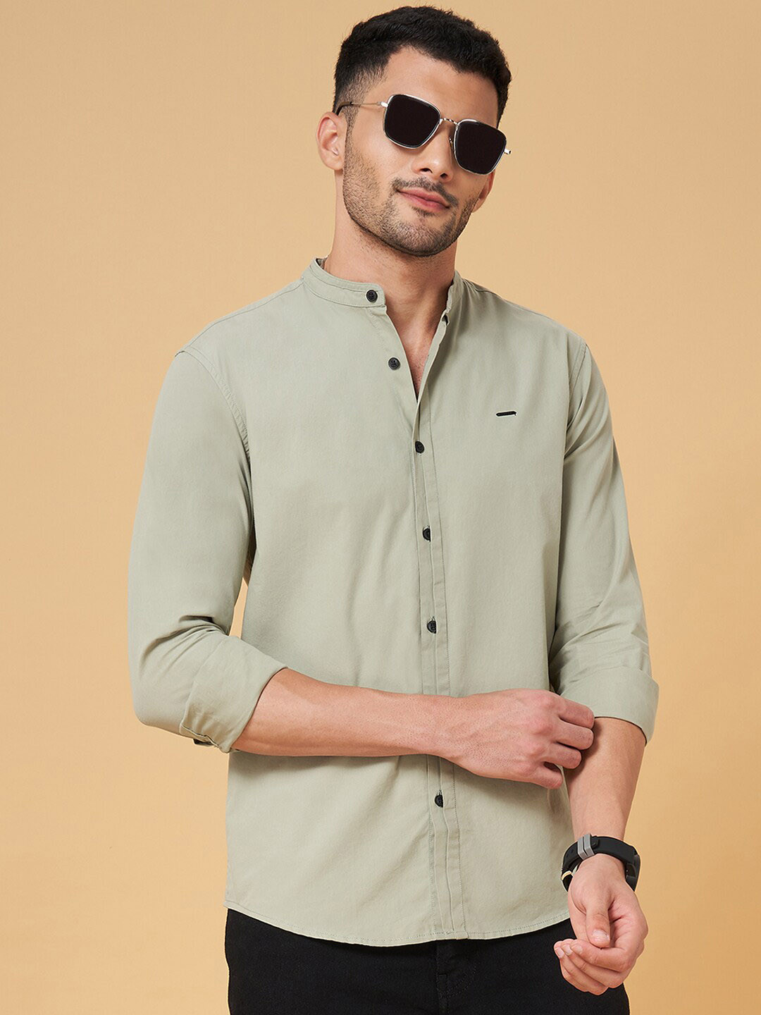 

People Slim Fit Band Collar Casual Cotton Shirt, Beige