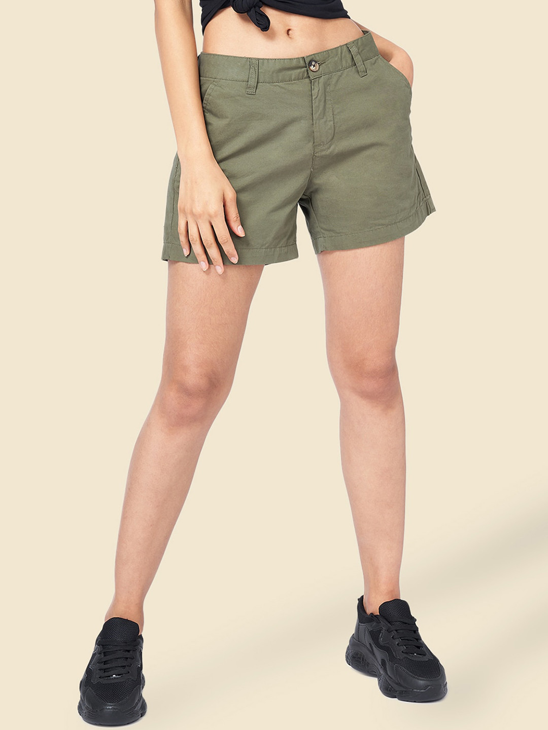 

Honey by Pantaloons Women Mid-Rise Above Knee Length Cotton Shorts, Olive