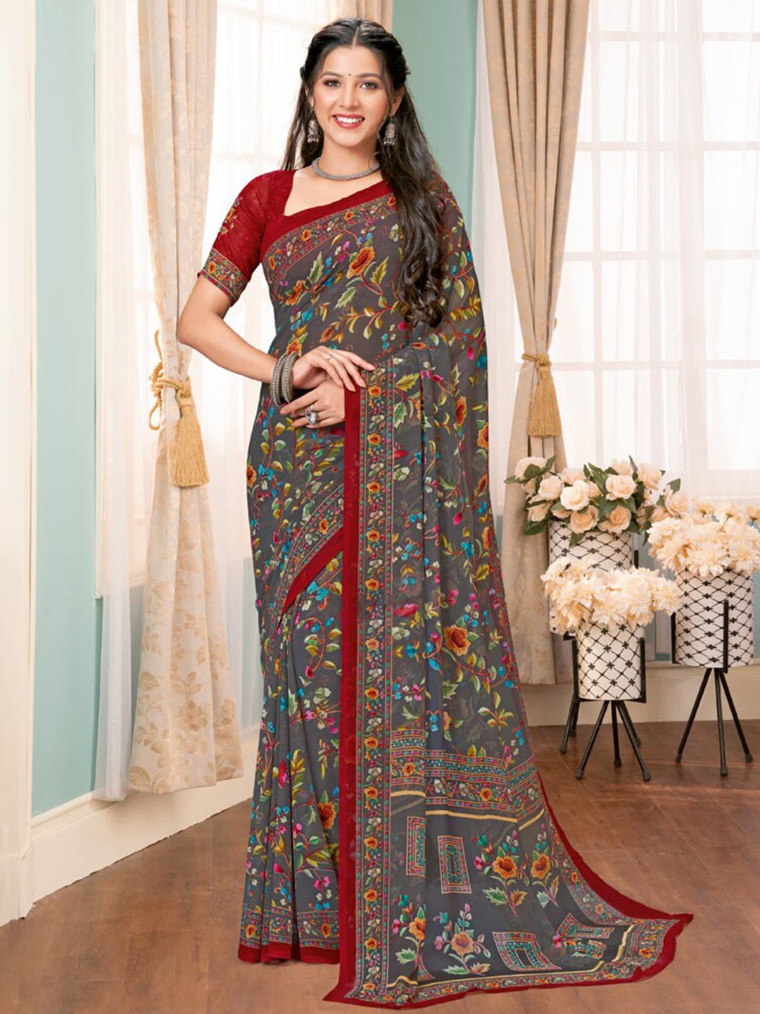 

Vishal Prints Floral Printed Georgette Saree, Grey