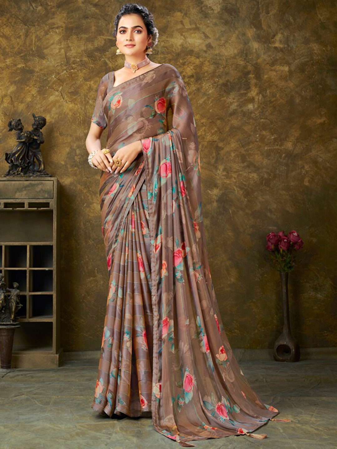 

Vishal Prints Floral Printed Poly Chiffon Saree, Brown