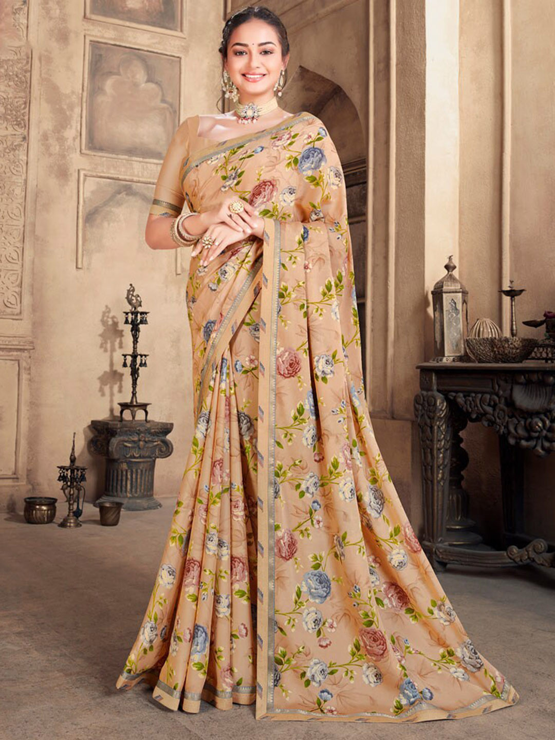 

Vishal Prints Floral Printed Crepe Saree, Peach