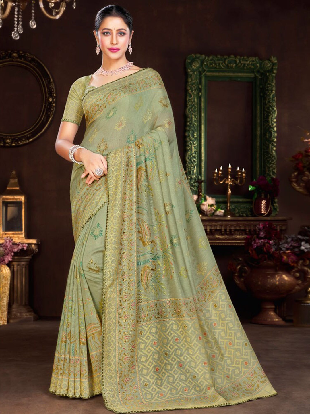 

Vishal Prints Floral Printed Brasso Saree, Olive