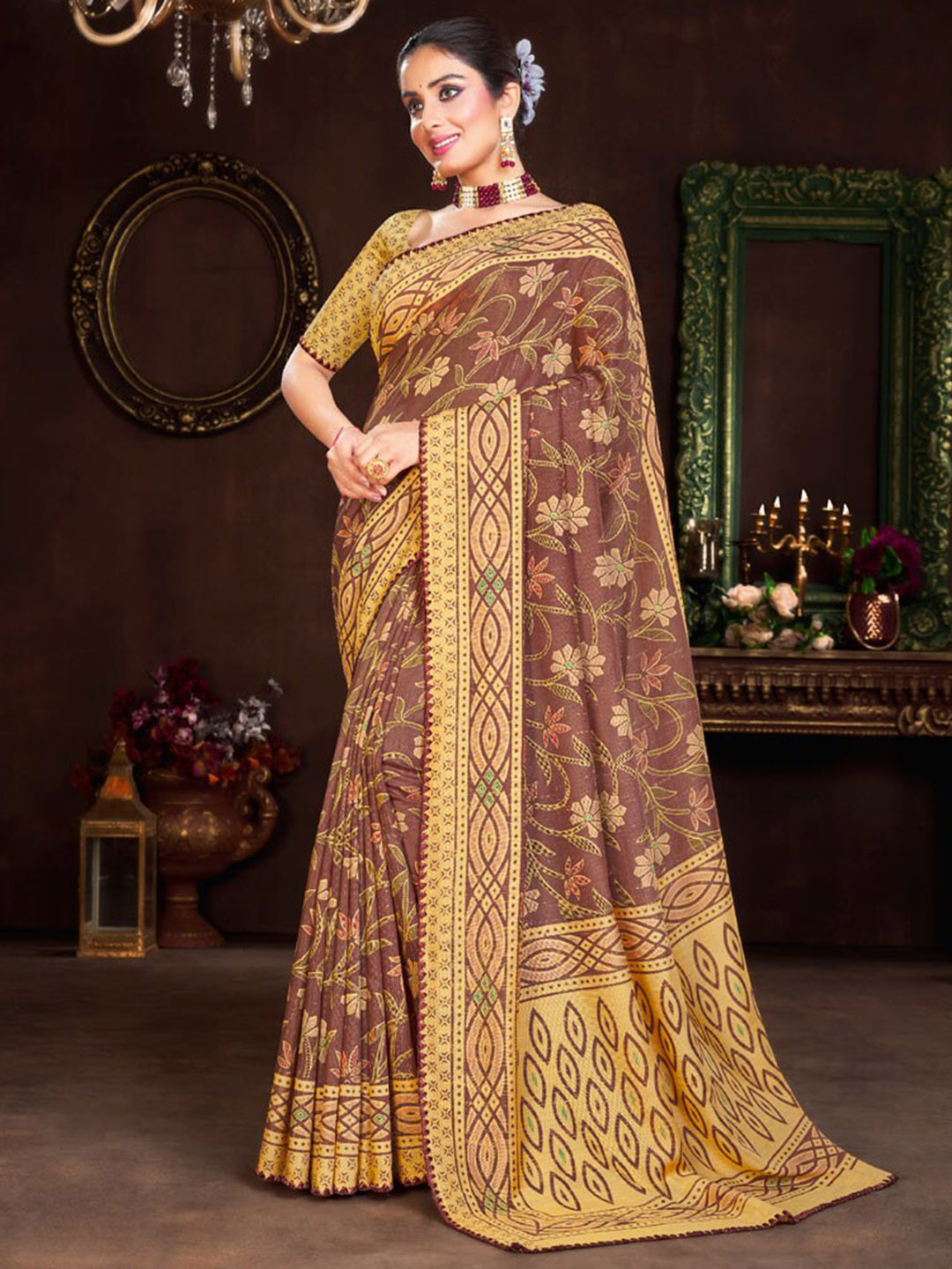 

Vishal Prints Ethnic Motifs Printed Saree, Brown
