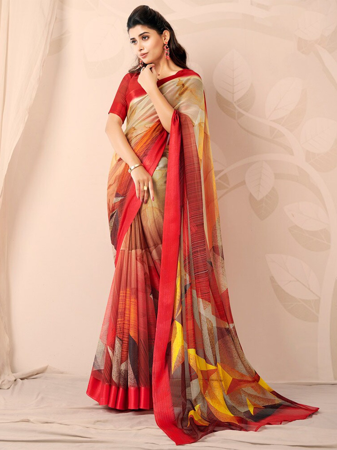 

Vishal Prints Abstract Printed Poly Chiffon Saree, Red