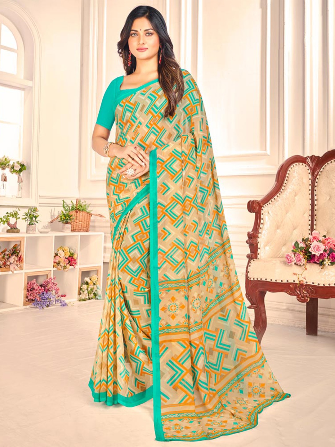 

Vishal Prints Geometric Printed Georgette Saree, Brown