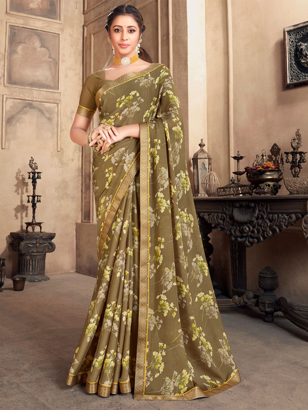 

Vishal Prints Floral Printed Zari Poly Crepe Saree, Brown