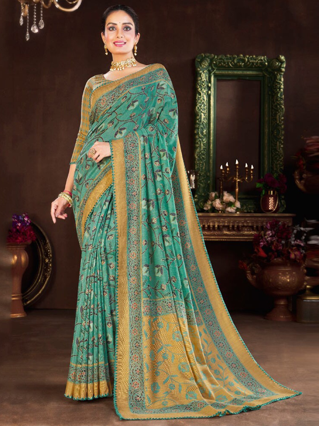 

Vishal Prints Ethnic Motifs Printed Saree With Fancy Border, Green