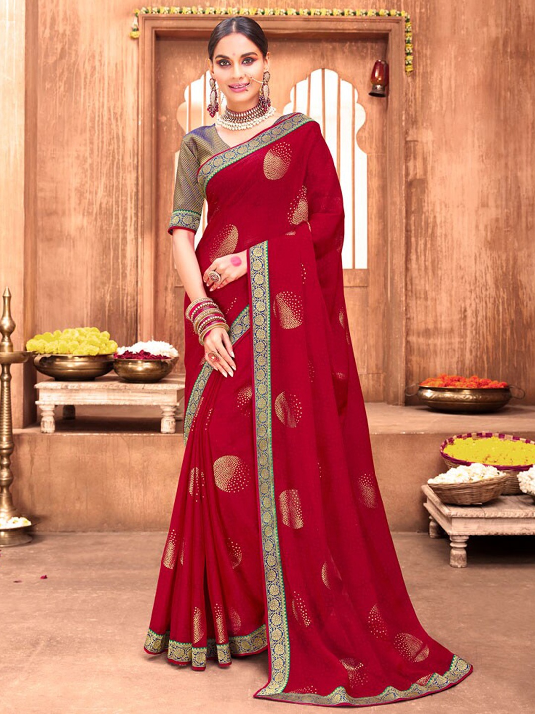 

Vishal Prints Floral Printed Chiffon Saree With Zari Border, Red