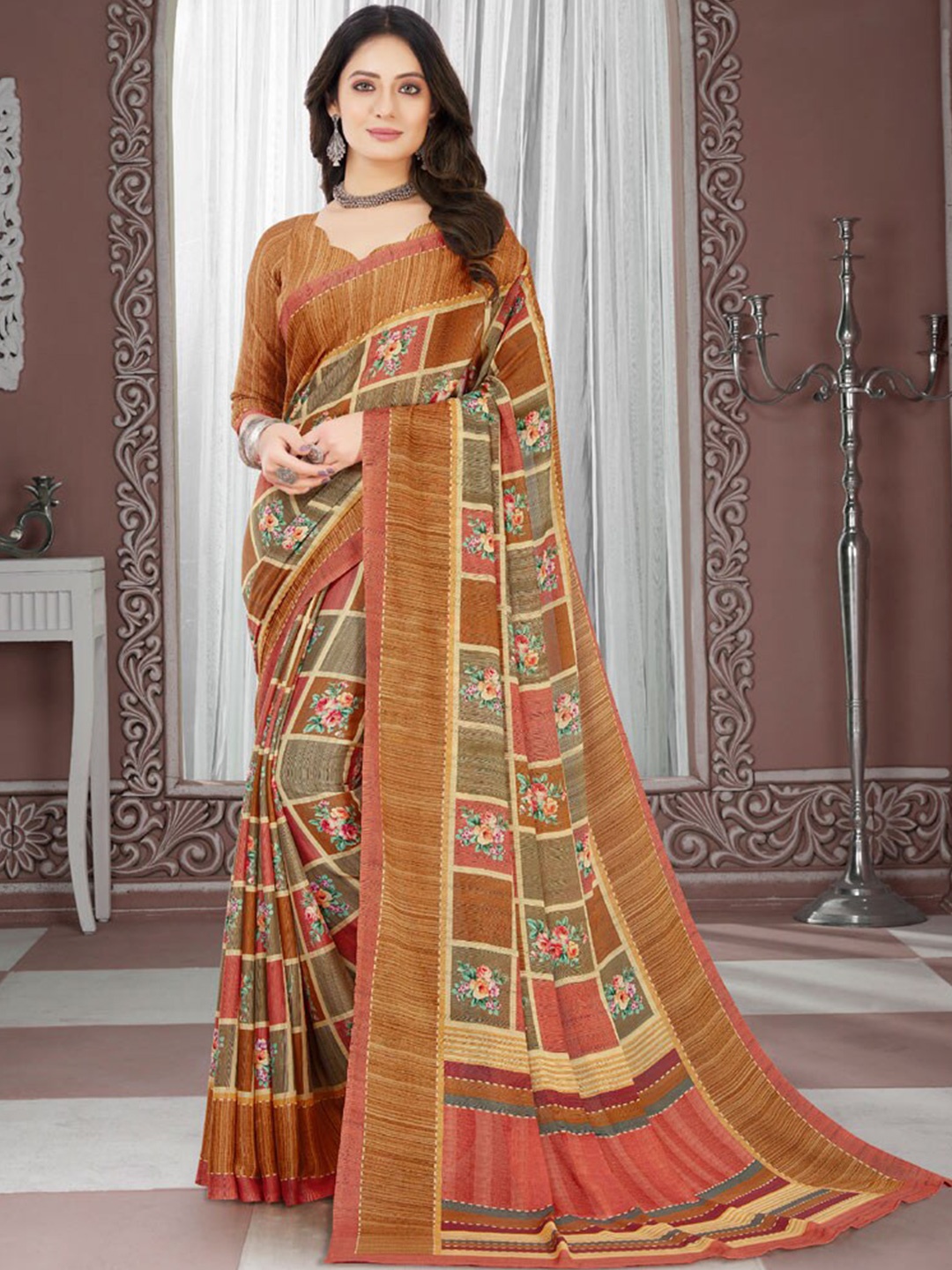 

Vishal Prints Poly Crepe Floral Printed Saree, Brown