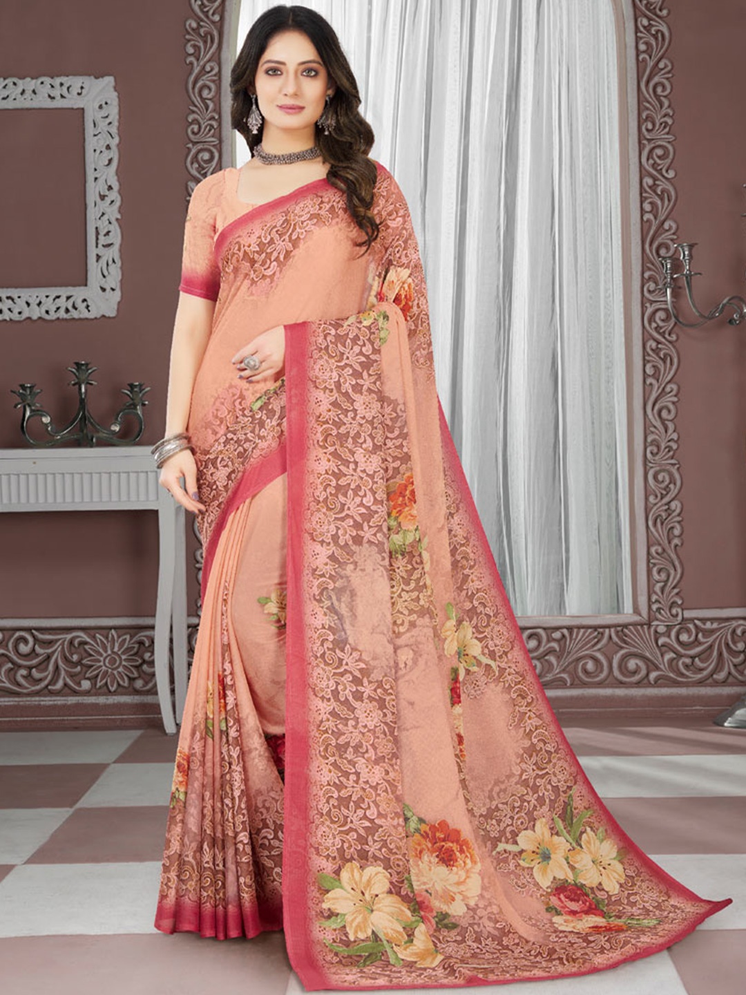 

Vishal Prints Floral Printed Poly Crepe Saree, Pink