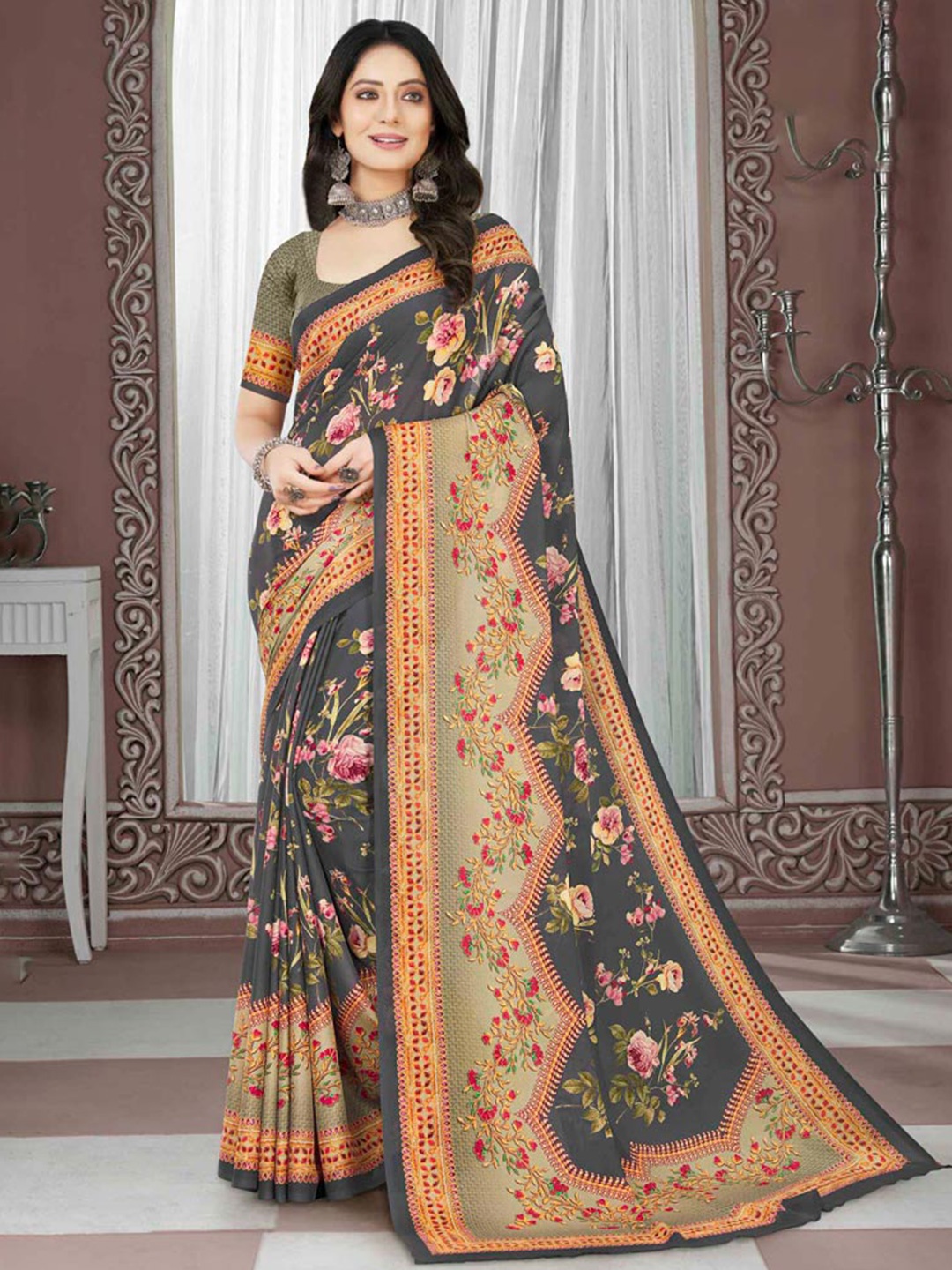 

Vishal Prints Poly Crepe Floral Printed Saree, Grey