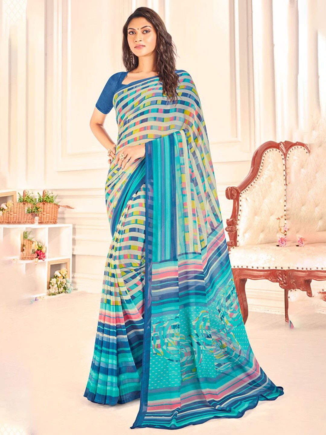 

Vishal Prints Poly Georgette Geometric Printed Saree, Blue