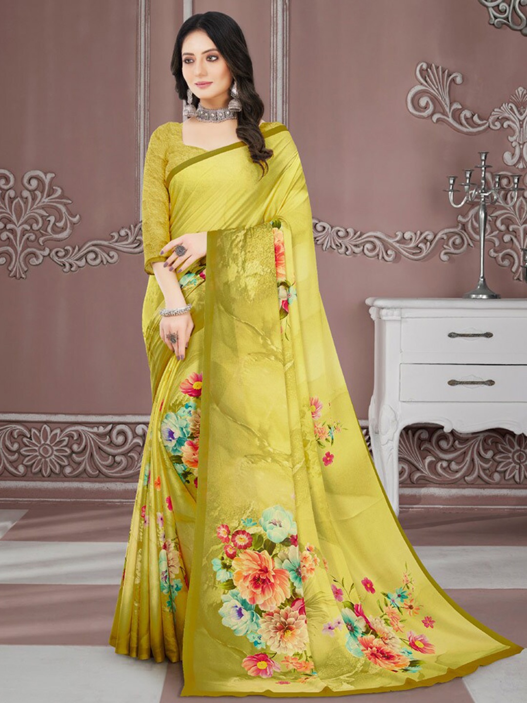 

Vishal Prints Floral Printed Poly Crepe Saree, Green
