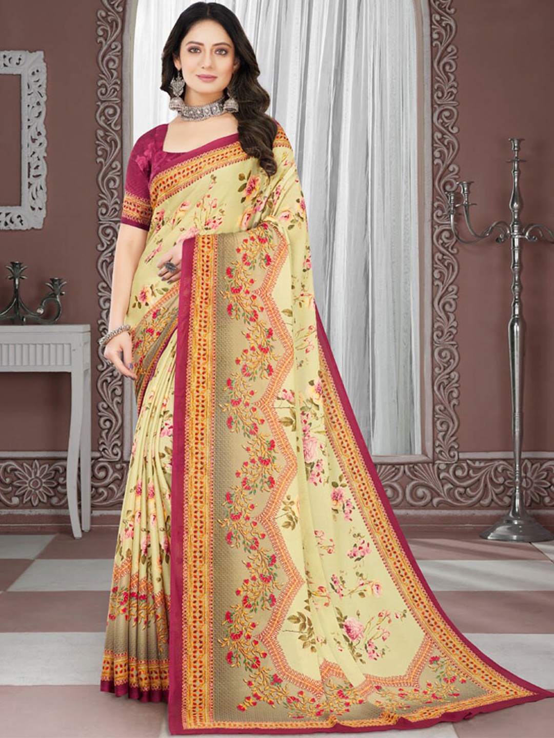 

Vishal Prints Poly Crepe Floral Printed Saree, Cream