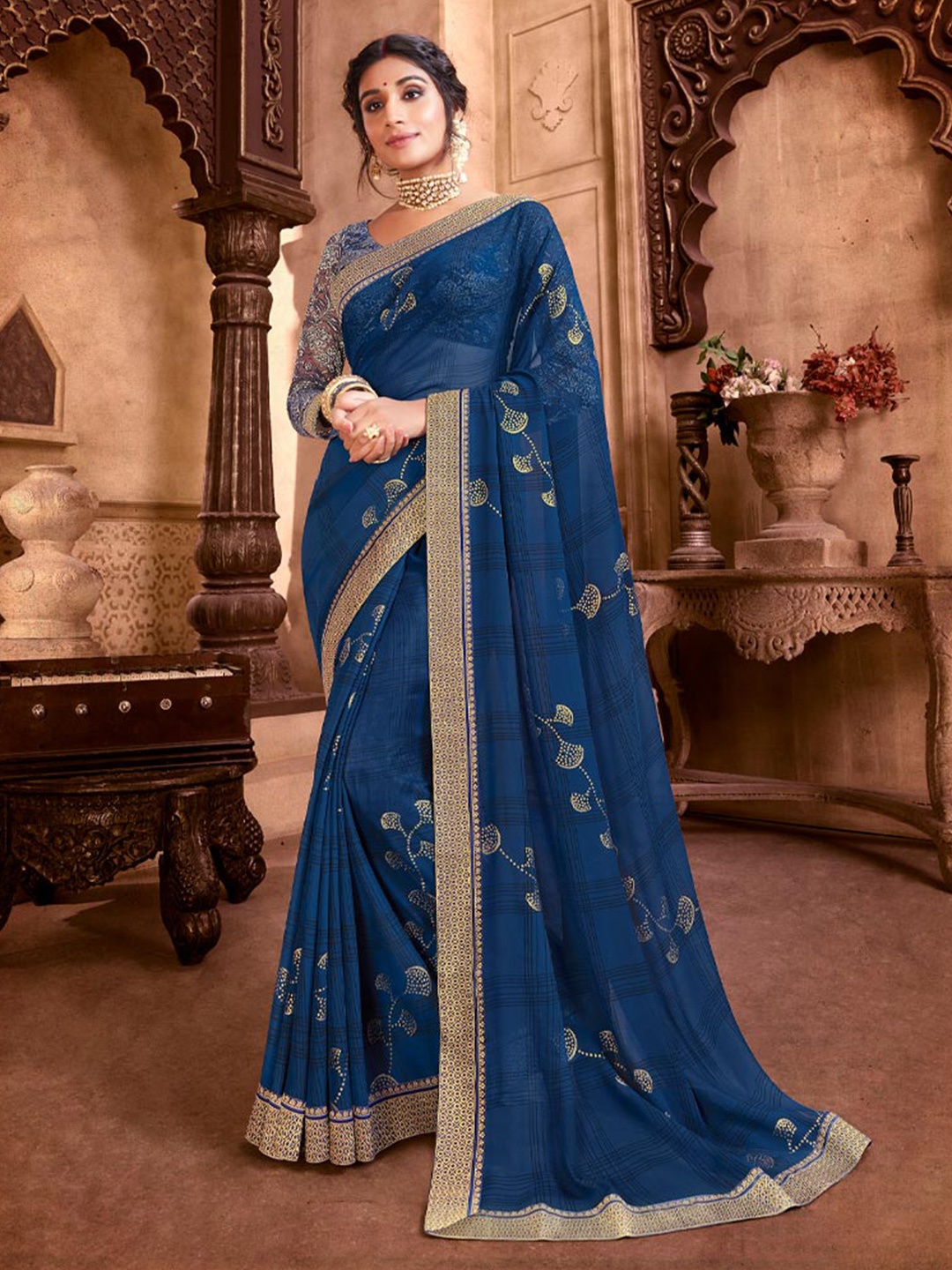 

Vishal Prints Ethnic Motifs Printed Zari Poly Chiffon Saree, Blue
