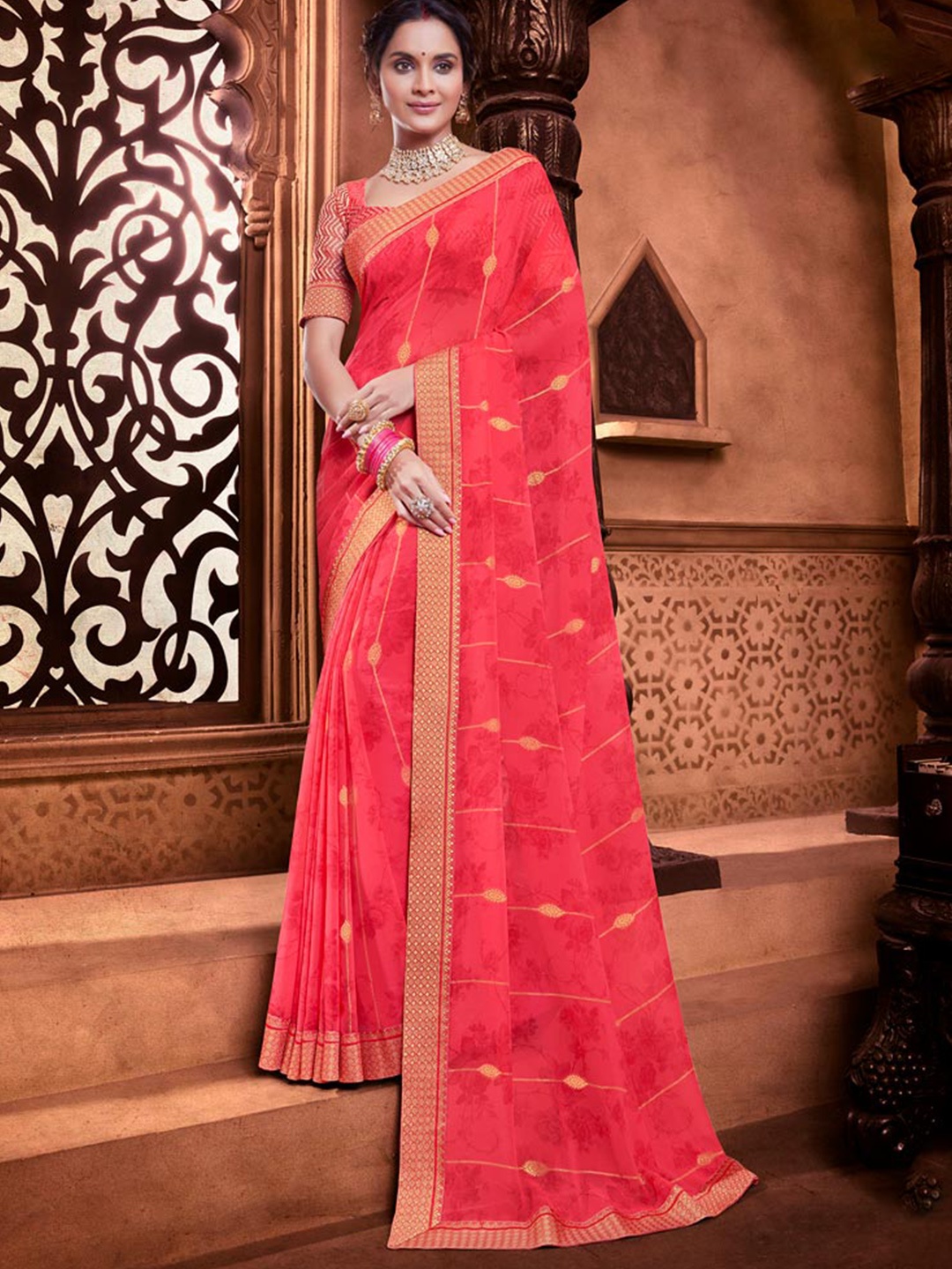 

Vishal Prints Foil Printed Chiffon Saree, Red