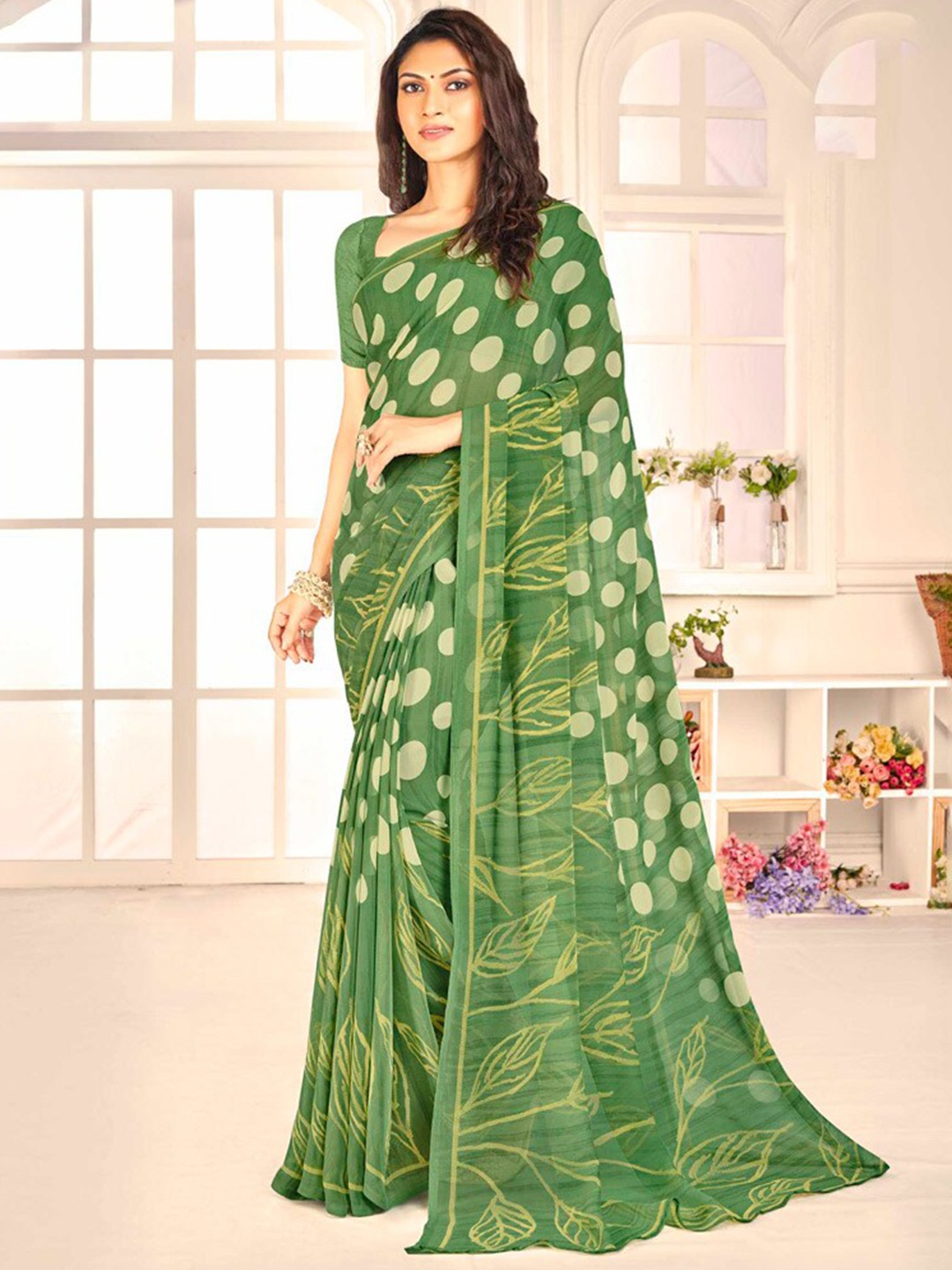 

Vishal Prints Poly Georgette Poly Georgette Polka Dots Printed Saree, Green
