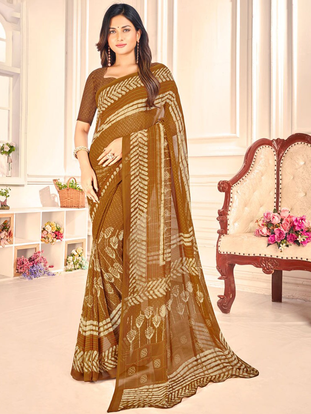 

Vishal Prints Ethnic Motifs Printed Poly Georgette Saree, Brown
