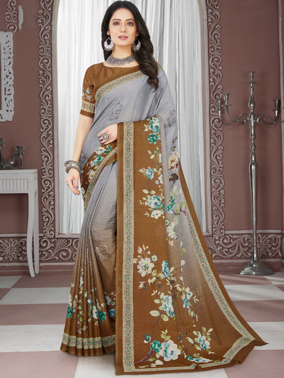 

Vishal Prints Floral Printed Crepe Saree, Grey