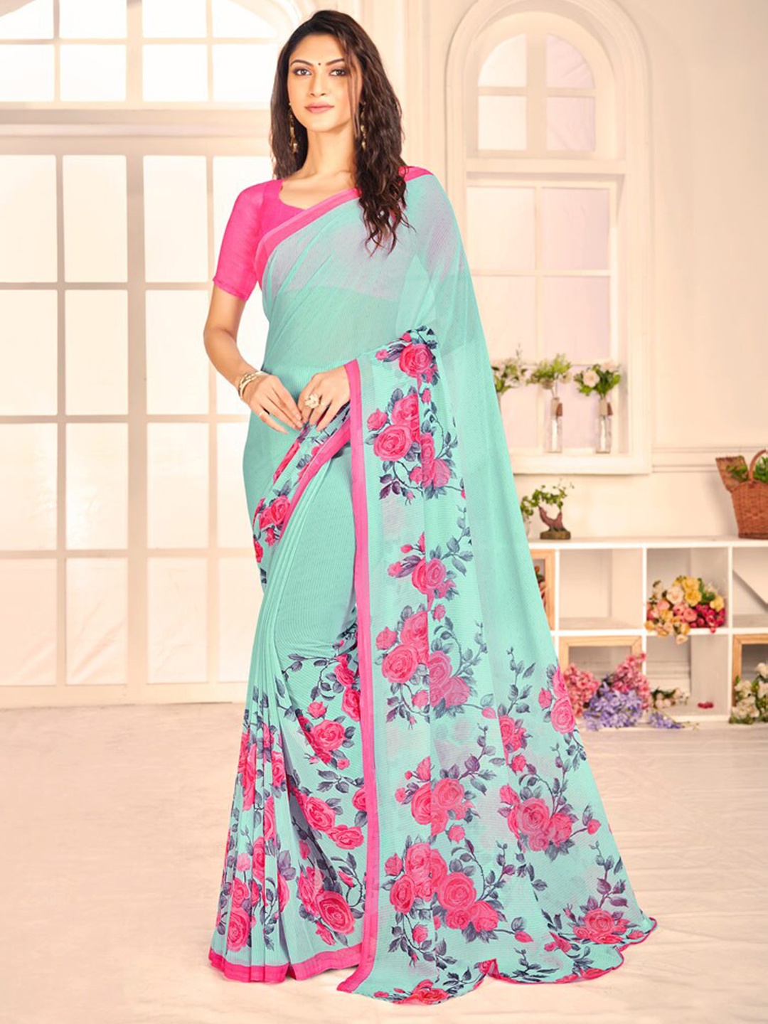 

Vishal Prints Floral Printed Georgette Saree, Green